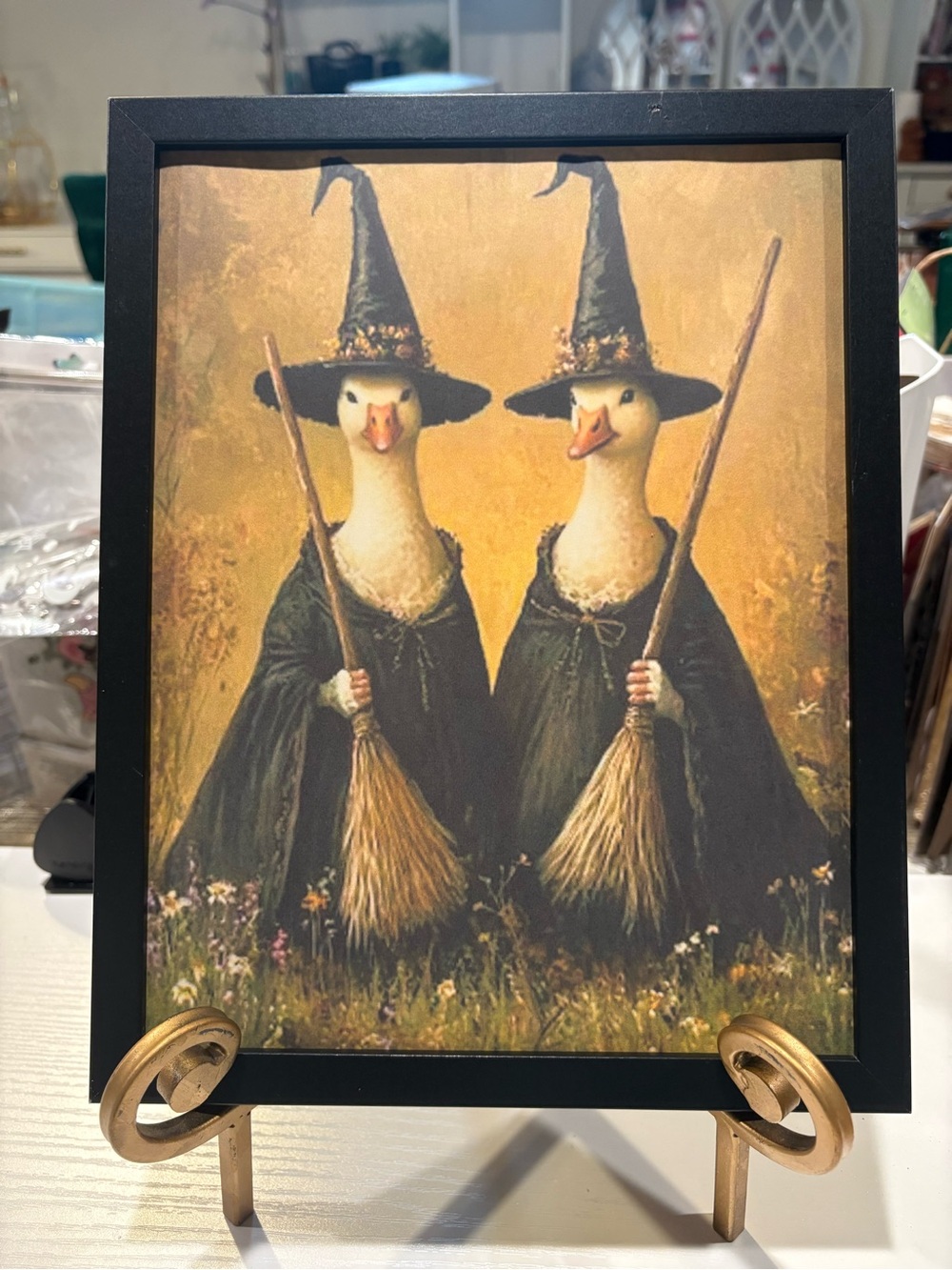 Black Framed Halloween Goose 8x10 Print - Festive Witch Geese Artwork
